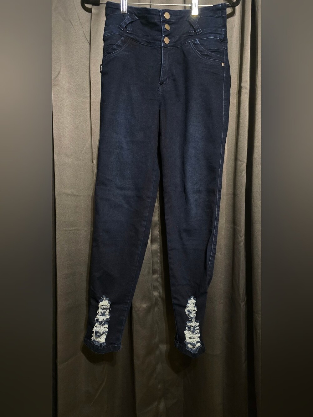 High-Waist Dark Blue Skinny Jeans with Ankle Distress